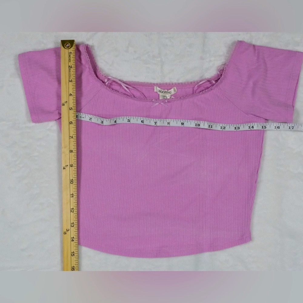 Bozzolo | Ballet Neck Baby Tee Pink Ribbed Off-Shoulder Crop Top | L - Picture 6 of 7